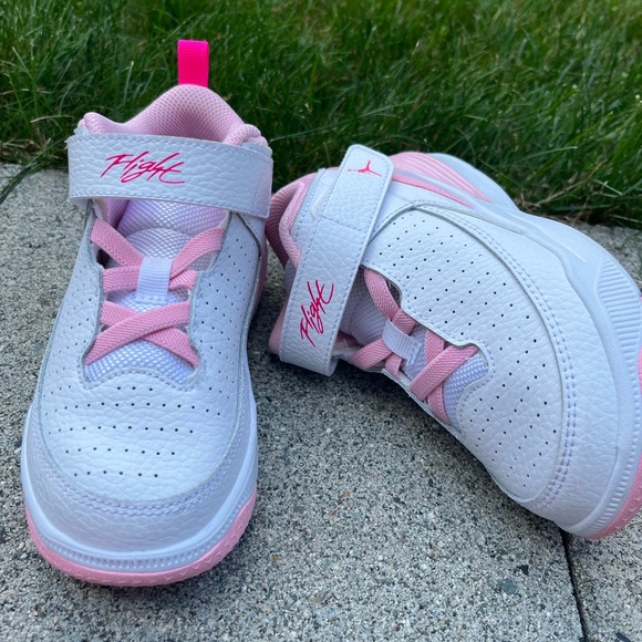 Flight Jordans- white with pink. Kids size 11. - Picture 1 of 5